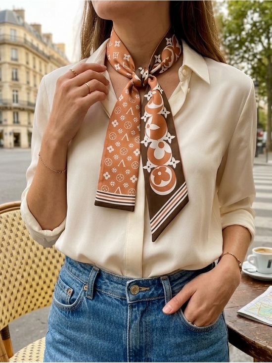 Big Twillies Accessories - Big Twilly: Luxe Silk Twilly Scarf - Brown & Cream Monogram Print
